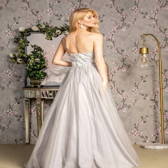 NEW LONG A-LINE SLEEVELESS MESH BEADED DRESS WITH ONE SHOULDER NECKLINE GL3384